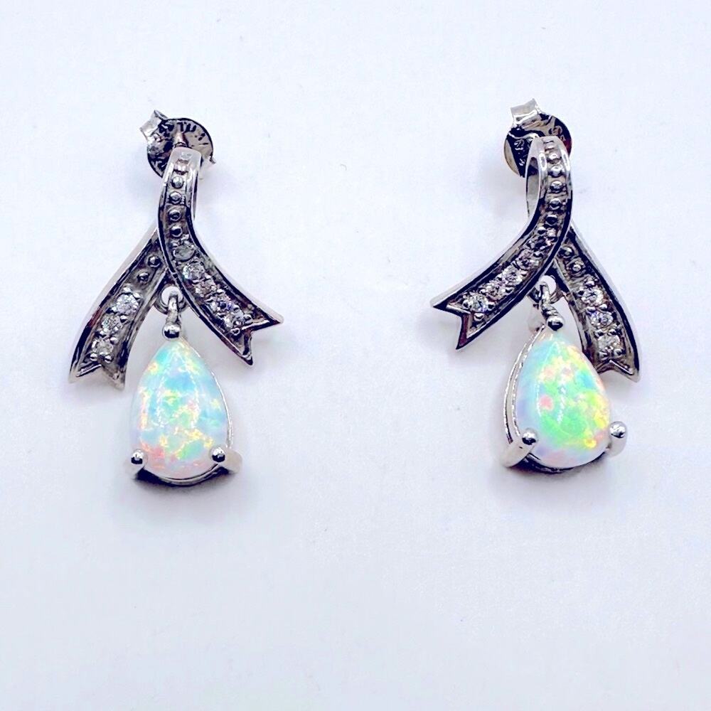 Signed FAS THAI Silver Geniune Opal Dangle Stud Pierced Earrings Quiet Luxury